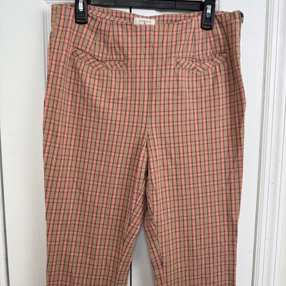 Anthropologie The Essential Slim‎ Plaid Cropped Pants Women's US 10 Pink Tan - Picture 7 of 13